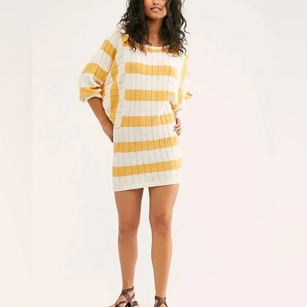 New Free People Beach Mauna Kea Stripe Mini Sweater Dress in Yellow | Large